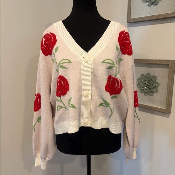 Soho & Stella Sweaters - Soho & Stella Pink & Red Rose Embroidered Button Front Cardigan NWT!